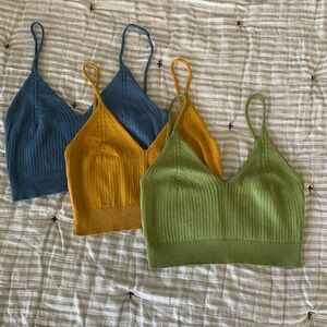 Green, Yellow, and Blue cropped bra tops